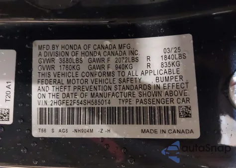 2025 Honda Civic Sport из США, поврежденный, VIN 2HGFE2F54SH585014